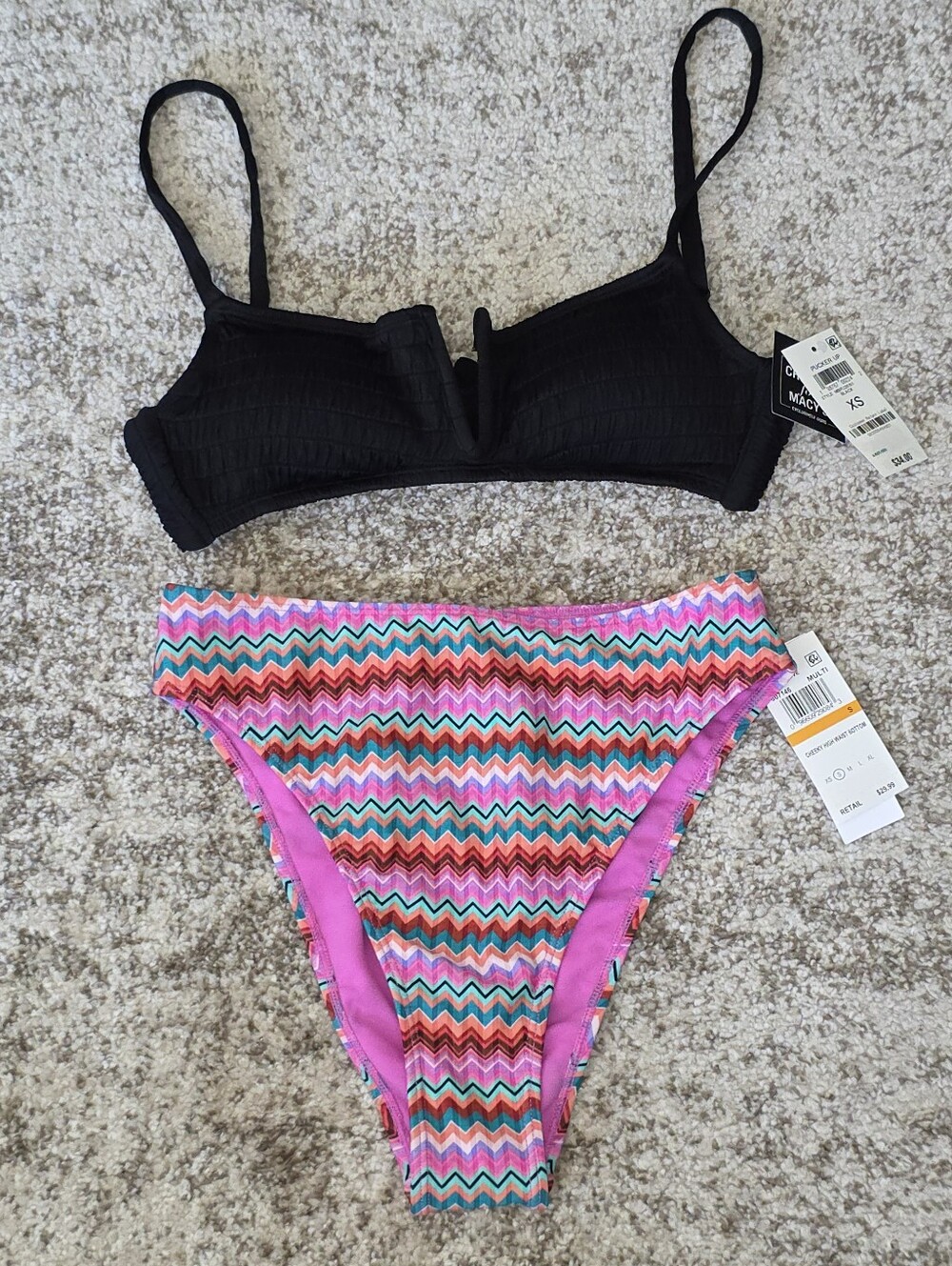 NWT Bar III Black Bikini Top XS Salt & Cove Pink High Waist Chevron Bottoms Sz S